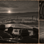 Illustration of a car on a frosty Oak Ridge turnpike with passengers watching a bright circle of light above a ridge, December 18, 1950