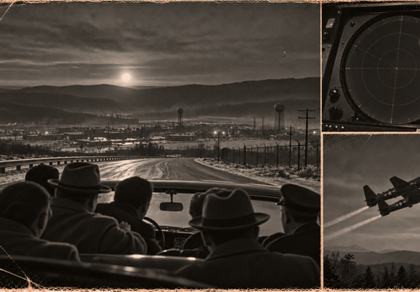 Illustration of a car on a frosty Oak Ridge turnpike with passengers watching a bright circle of light above a ridge, December 18, 1950