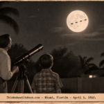 Illustration of a man and a boy watching four dark circular objects cross the face of the full moon over Miami, Florida, April 5, 1952