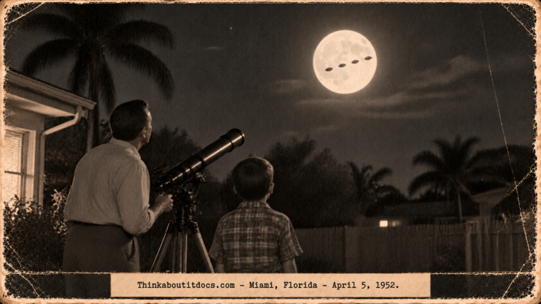 Illustration of a man and a boy watching four dark circular objects cross the face of the full moon over Miami, Florida, April 5, 1952