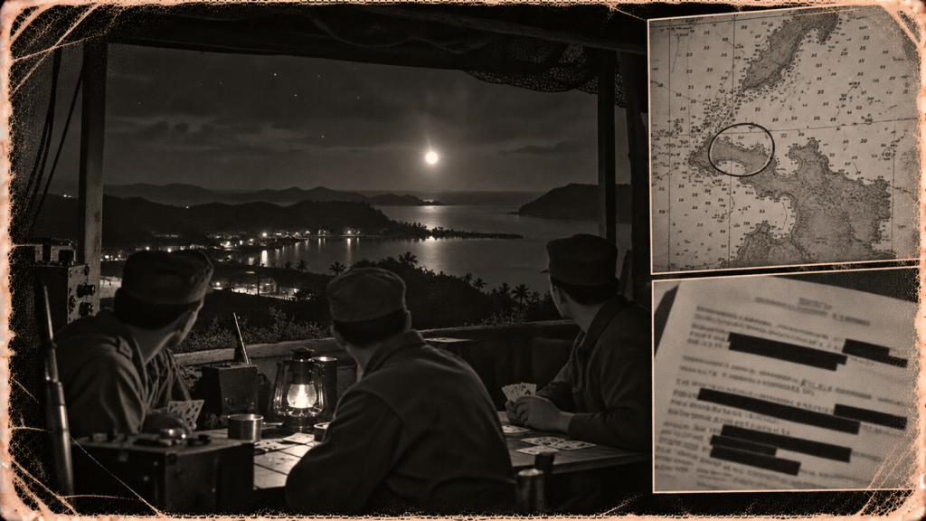 Illustration of airmen at a hilltop outpost on Okinawa looking out at a white light falling toward a lagoon at night, November 1950