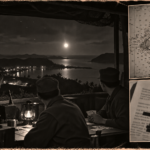 Illustration of airmen at a hilltop outpost on Okinawa looking out at a white light falling toward a lagoon at night, November 1950