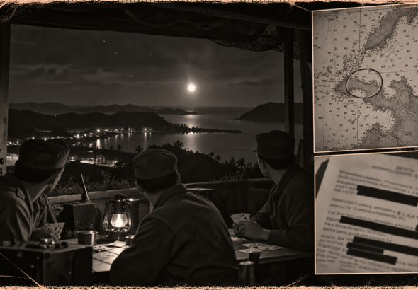 Illustration of airmen at a hilltop outpost on Okinawa looking out at a white light falling toward a lagoon at night, November 1950