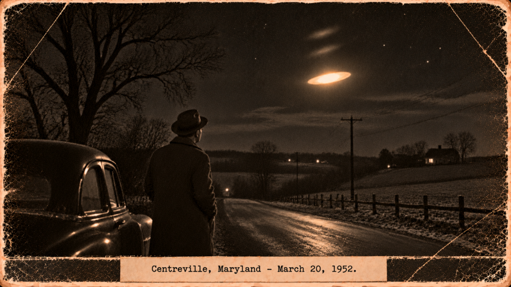 Illustration of a man on a Maryland country road watching an orange saucer-shaped light jump twice, March 20, 1952
