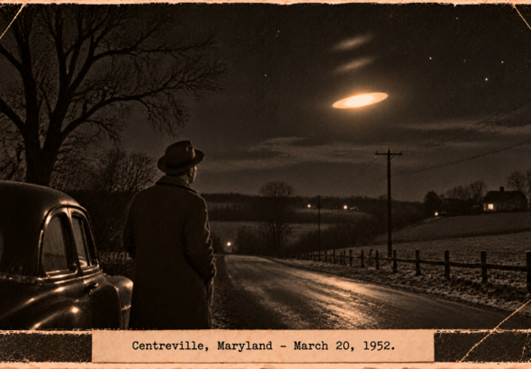 Illustration of a man on a Maryland country road watching an orange saucer-shaped light jump twice, March 20, 1952