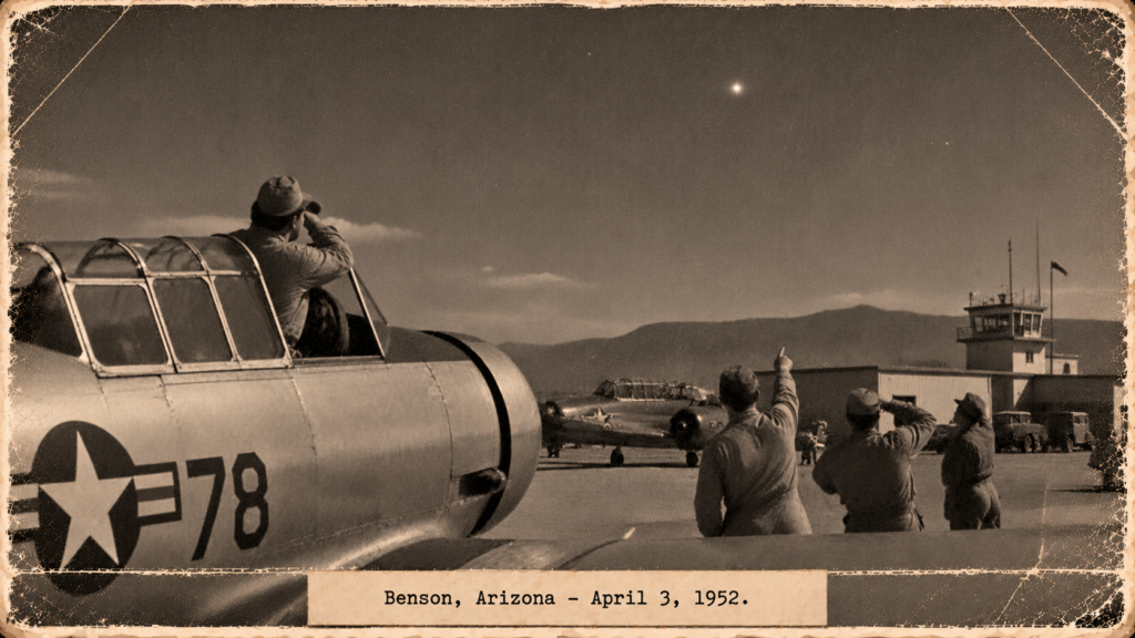 Illustration of a pilot instructor sighting across a T-6 canopy at a motionless silver object over Benson, Arizona, April 3, 1952