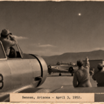 Illustration of a pilot instructor sighting across a T-6 canopy at a motionless silver object over Benson, Arizona, April 3, 1952