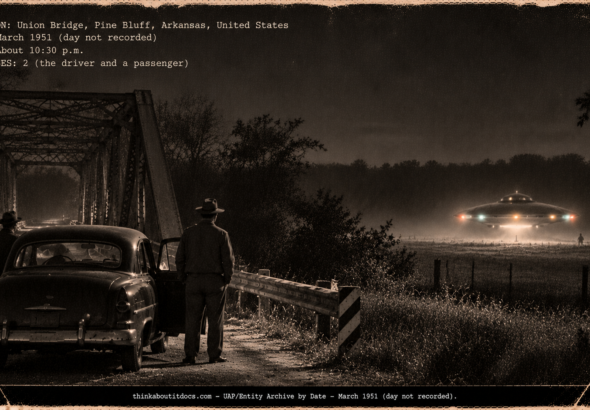 A driver at the end of Union Bridge watches a round craft with colored lights resting in a field at night, March 1951.