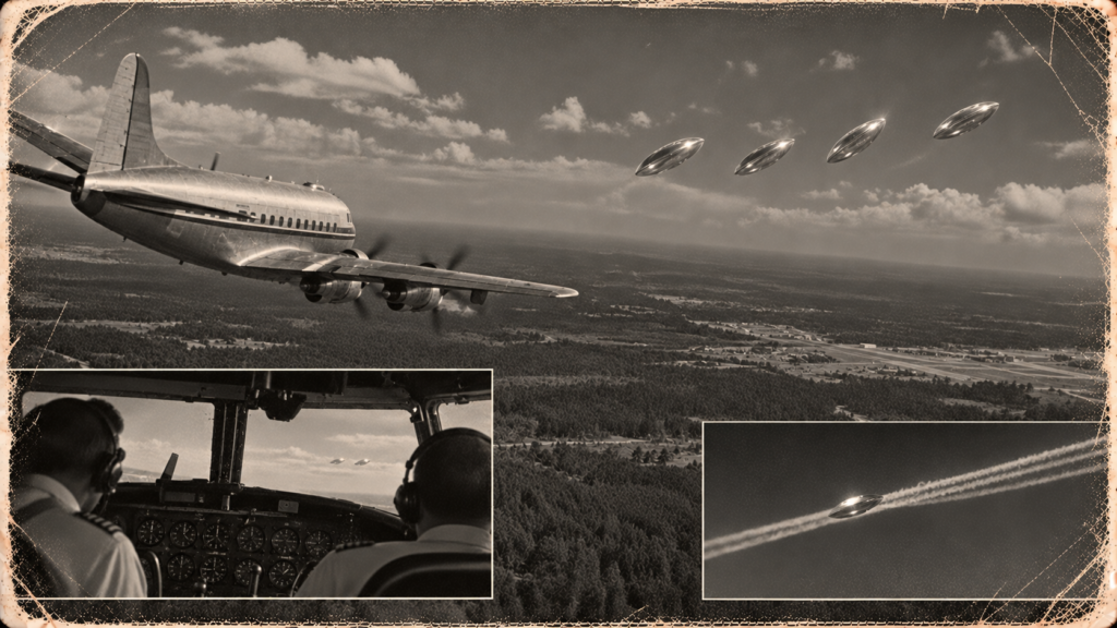 Illustration of a Miami Airlines DC-4 near Pope Air Force Base as four shiny disc-shaped objects in a line speed away, October 15, 1950