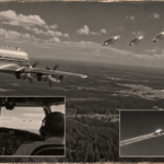 Illustration of a Miami Airlines DC-4 near Pope Air Force Base as four shiny disc-shaped objects in a line speed away, October 15, 1950