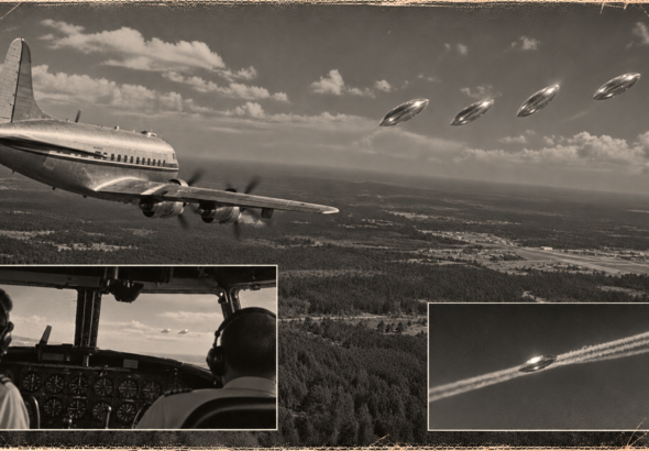 Illustration of a Miami Airlines DC-4 near Pope Air Force Base as four shiny disc-shaped objects in a line speed away, October 15, 1950