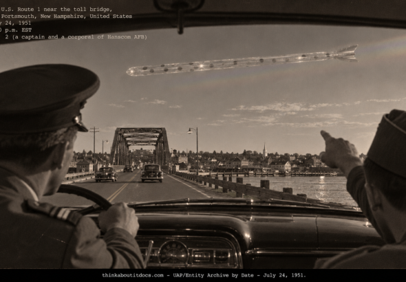 Two airmen in a car on U.S. Route 1 pointing at a long, glassy, polka-dotted tube crossing the sky near the Portsmouth toll bridge, July 1951
