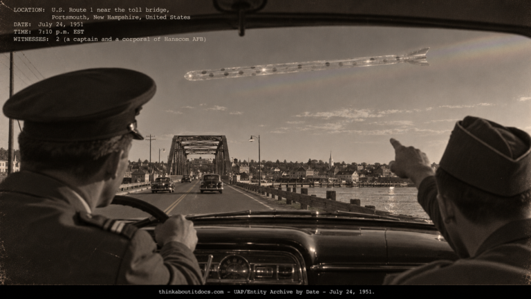 Two airmen in a car on U.S. Route 1 pointing at a long, glassy, polka-dotted tube crossing the sky near the Portsmouth toll bridge, July 1951