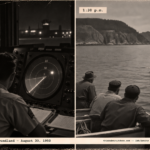 1950-style two-panel photo of a GCA radar scope with a blip and fishermen watching a dark round object over the water at Newfoundland