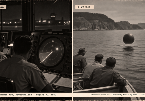 1950-style two-panel photo of a GCA radar scope with a blip and fishermen watching a dark round object over the water at Newfoundland