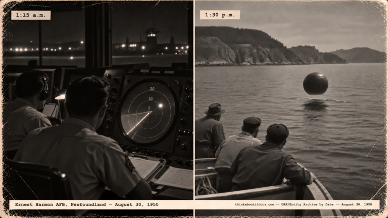 1950-style two-panel photo of a GCA radar scope with a blip and fishermen watching a dark round object over the water at Newfoundland