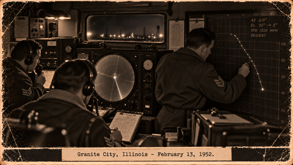 Illustration of a radar bomb-scoring crew plotting a fast-descending target on a scope at Granite City, Illinois, February 13, 1952