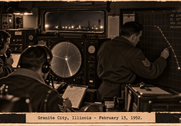 Illustration of a radar bomb-scoring crew plotting a fast-descending target on a scope at Granite City, Illinois, February 13, 1952