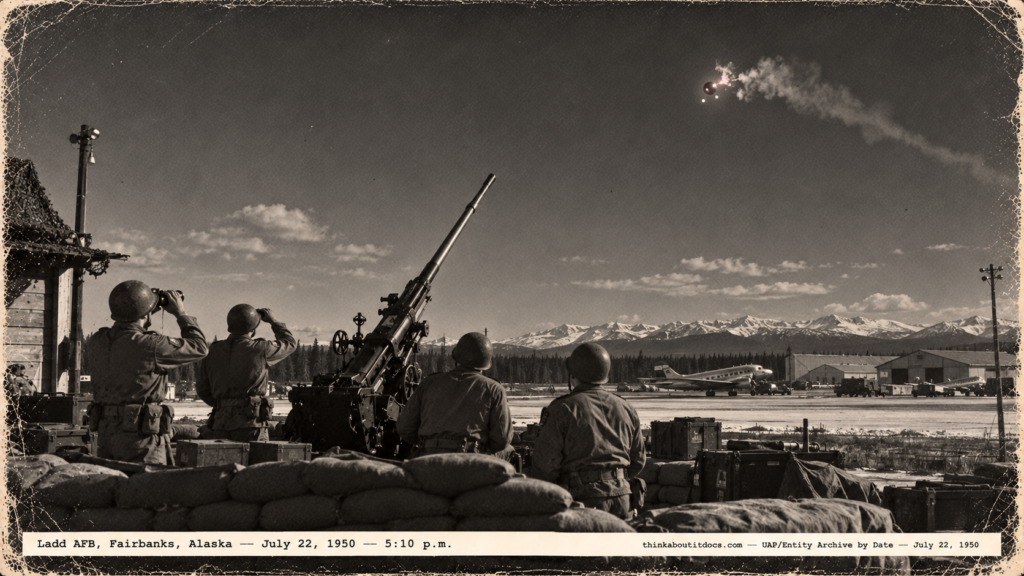 1950-style photo of soldiers at an anti-aircraft gun pit watching a red object with two white dots at Ladd AFB, Alaska