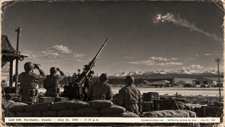 1950-style photo of soldiers at an anti-aircraft gun pit watching a red object with two white dots at Ladd AFB, Alaska