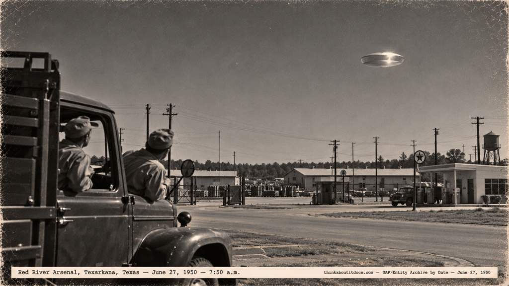 1950-style photo of two men in a truck watching a bright dishpan-shaped object over Red River Arsenal, Texarkana