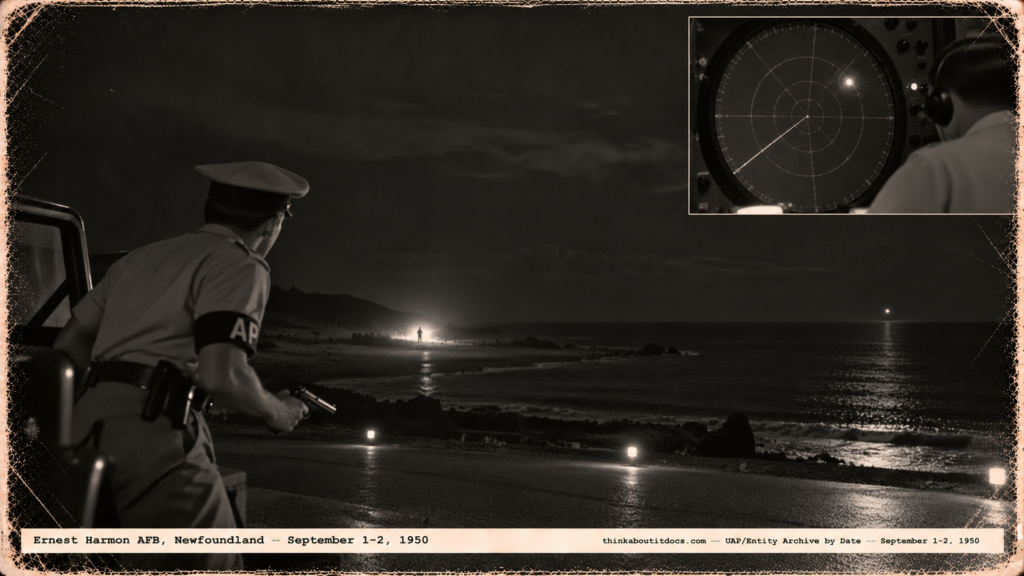 1950-style photo of an Air Police airman at a dark runway edge facing a silhouette on the beach with a flash
