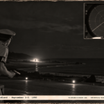 1950-style photo of an Air Police airman at a dark runway edge facing a silhouette on the beach with a flash