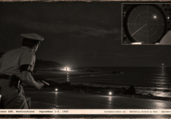 1950-style photo of an Air Police airman at a dark runway edge facing a silhouette on the beach with a flash