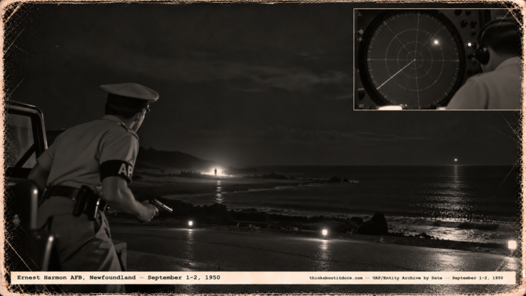1950-style photo of an Air Police airman at a dark runway edge facing a silhouette on the beach with a flash