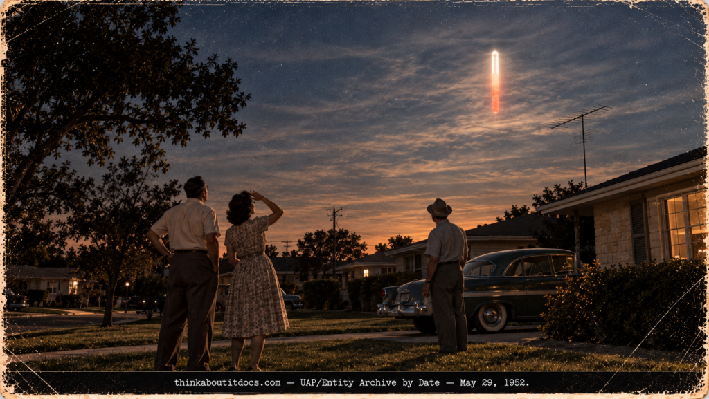 A pilot and two neighbors watching a bright upright tube of light turn red above a television antenna in San Antonio in 1952.