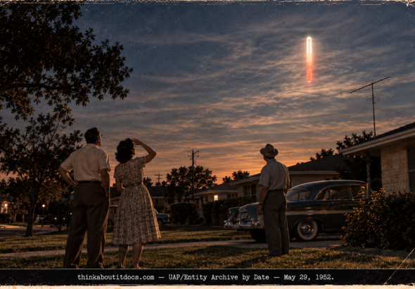 A pilot and two neighbors watching a bright upright tube of light turn red above a television antenna in San Antonio in 1952.