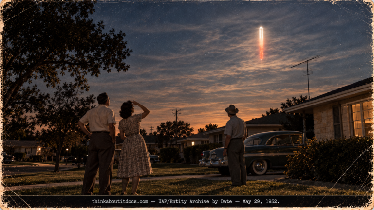 A pilot and two neighbors watching a bright upright tube of light turn red above a television antenna in San Antonio in 1952.