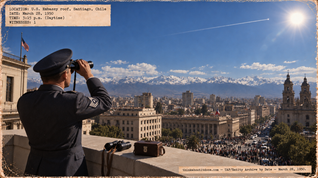 Illustration of a U.S. Air Force sergeant with binoculars on the Santiago Embassy roof watching a whitish object streak across the sky on March 28, 1950