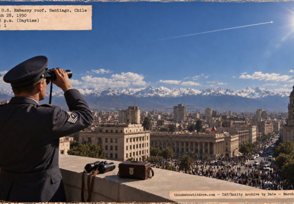 Illustration of a U.S. Air Force sergeant with binoculars on the Santiago Embassy roof watching a whitish object streak across the sky on March 28, 1950