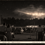 1950-style photo of people beside cars at a drive-in watching a mist-wreathed saucer shape in the night sky near Spartanburg