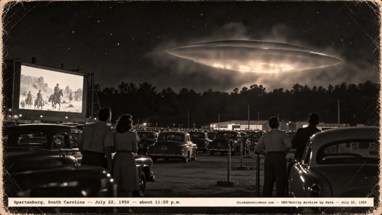 1950-style photo of people beside cars at a drive-in watching a mist-wreathed saucer shape in the night sky near Spartanburg