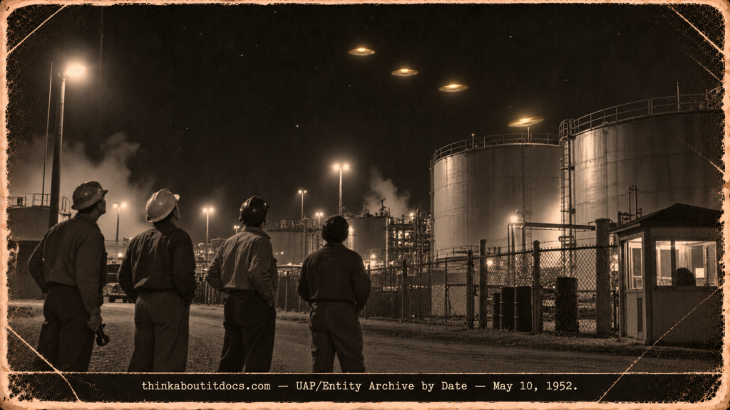 Four 1952 plant workers watching glowing gold discs cross the night sky above tall tanks at the Savannah River Plant.