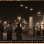 Four 1952 plant workers watching glowing gold discs cross the night sky above tall tanks at the Savannah River Plant.