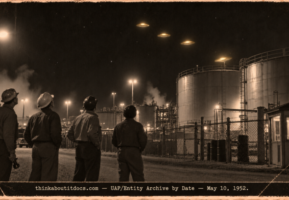 Four 1952 plant workers watching glowing gold discs cross the night sky above tall tanks at the Savannah River Plant.