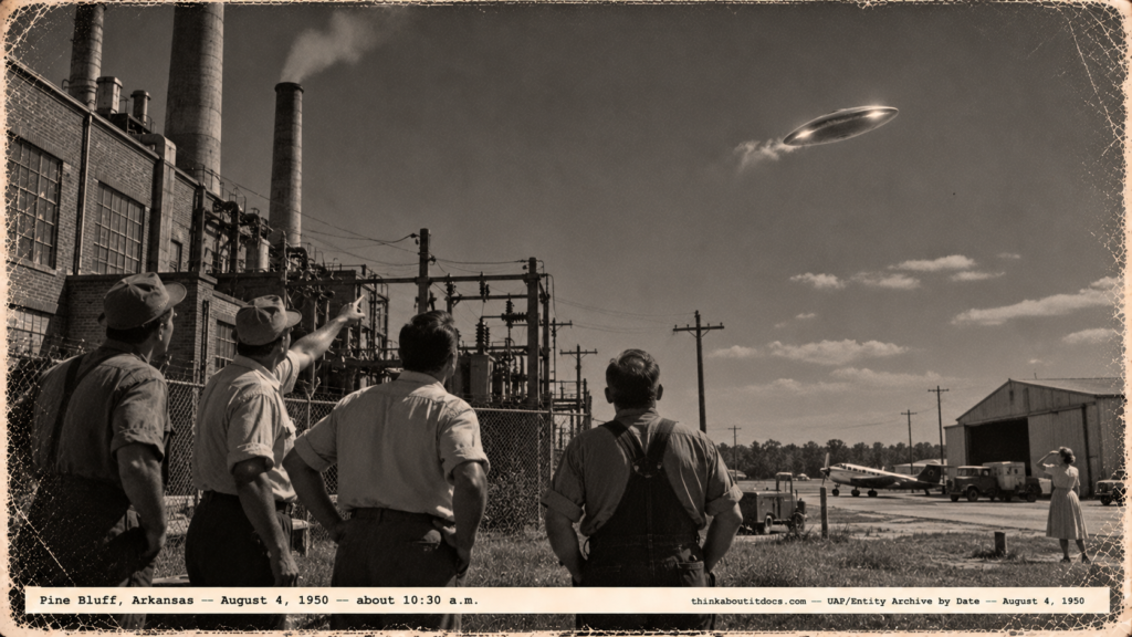 1950-style photo of workers at a power plant watching a bright silver disc over Pine Bluff, Arkansas