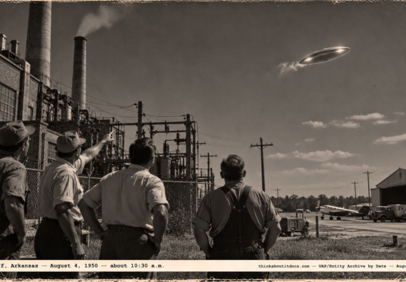 1950-style photo of workers at a power plant watching a bright silver disc over Pine Bluff, Arkansas