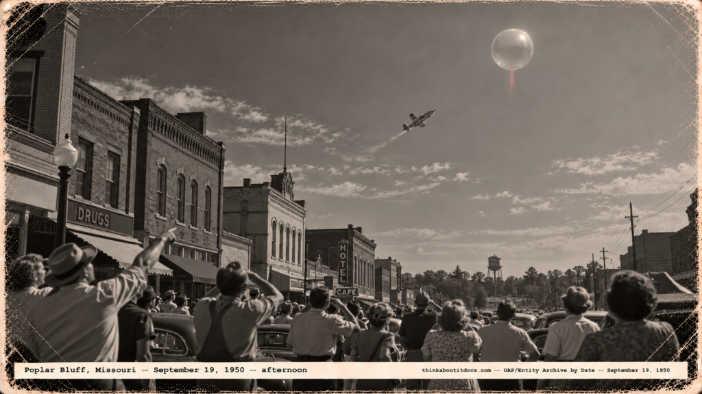 1950-style photo of townspeople pointing at a silver sphere over Poplar Bluff while an F-51 Mustang climbs toward it