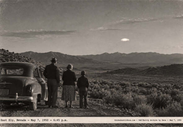 1950-style photo of a family watching a low silvery-white object over sagebrush hills near East Ely, Nevada