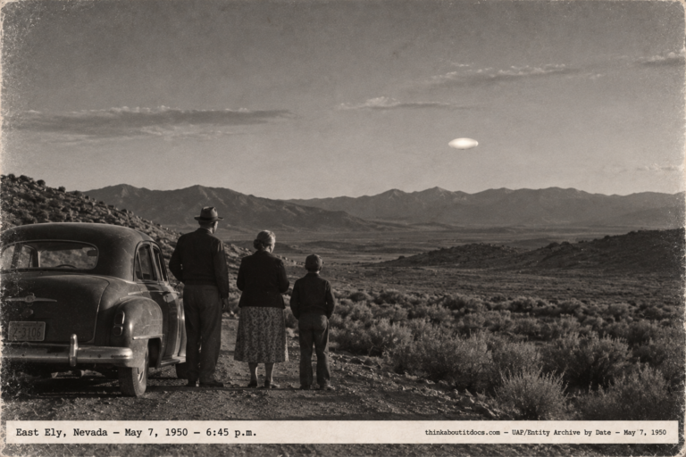 1950-style photo of a family watching a low silvery-white object over sagebrush hills near East Ely, Nevada
