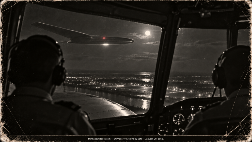 A winged cigar-shaped object with a red light flying alongside the left wing of a Mid-Continent Airlines DC-3 over Sioux City, Iowa, on a moonlit night in January 1951.