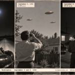 1950-style three-panel photo of a bluish-white light over a car, three bronze discs over Spokane and a pilot watching a light over Fairchild AFB