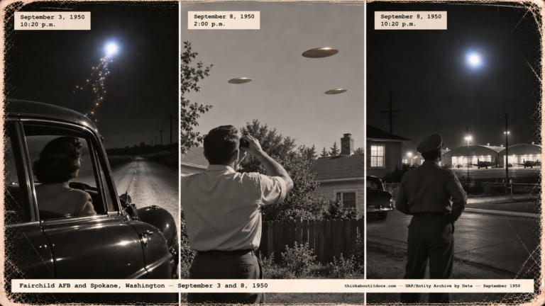 1950-style three-panel photo of a bluish-white light over a car, three bronze discs over Spokane and a pilot watching a light over Fairchild AFB