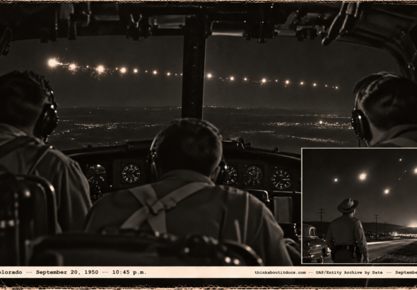 1950-style photo of a B-25 crew watching a string of bright lights crossing the night sky over Colorado