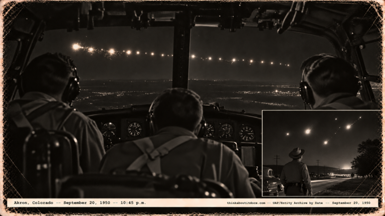 1950-style photo of a B-25 crew watching a string of bright lights crossing the night sky over Colorado