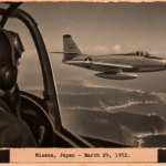 Illustration of a T-6 pilot watching a small chrome disc flutter beside an F-84 over the Japanese coast, March 29, 1952